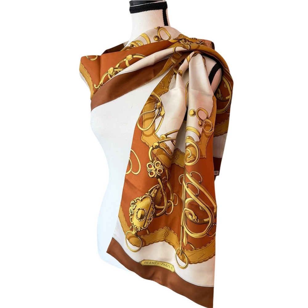 Hermès Rectangular Silk Scarf 72 x 12 Brown Gold Authenticated